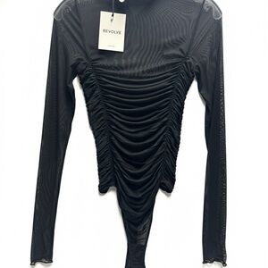 REVOLVE Black Mesh Ruched Long Sleeve Bodysuit - Mock Neck